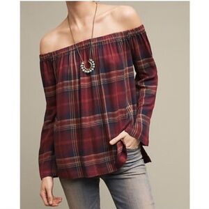 Cloth & Stone for Anthropologie Burgundy Plaid Off-Shoulder Blouse